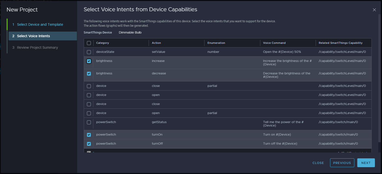 The Select Voice Intents from Device Capabilities screen