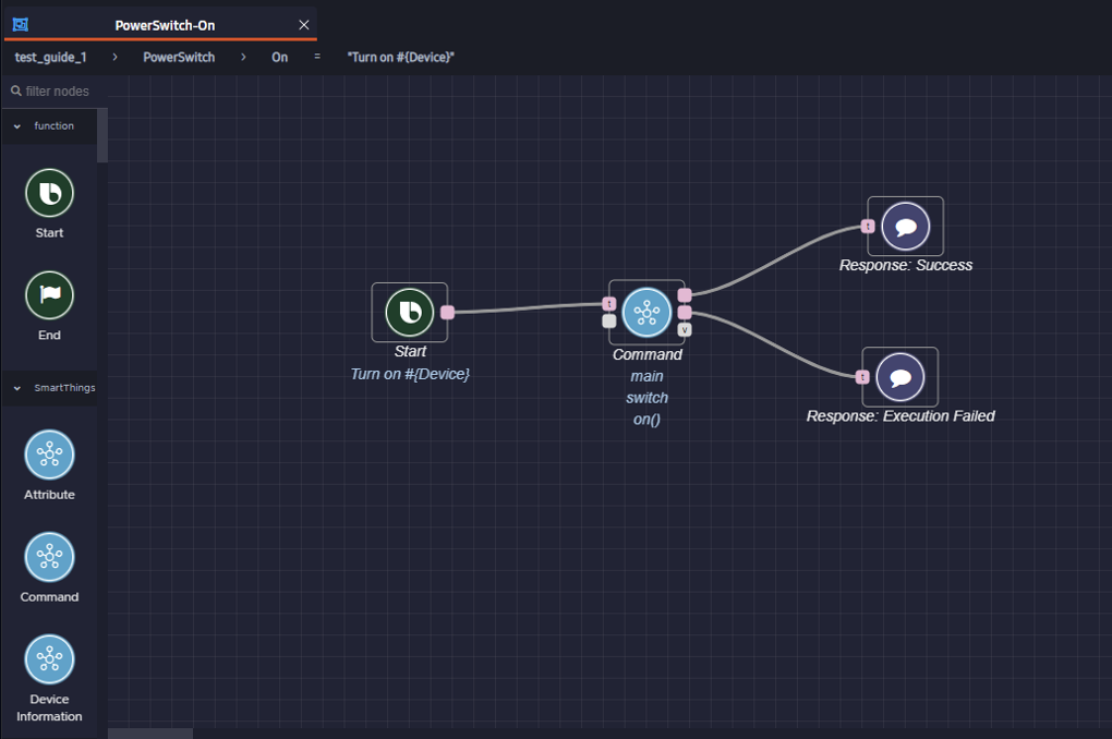 The completed action flow, with the two Response nodes connected to the Command node