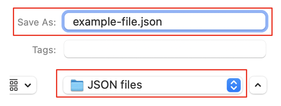 Entered file name is example-file.json and chosen location is JSON files