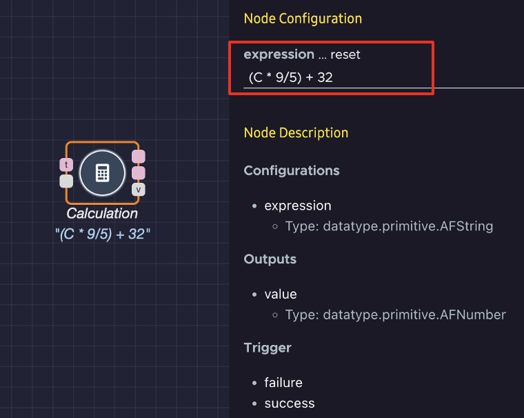 Calculation Node Configuration Menu With Expression Parameter Value of ("C * 9/5) + 32"