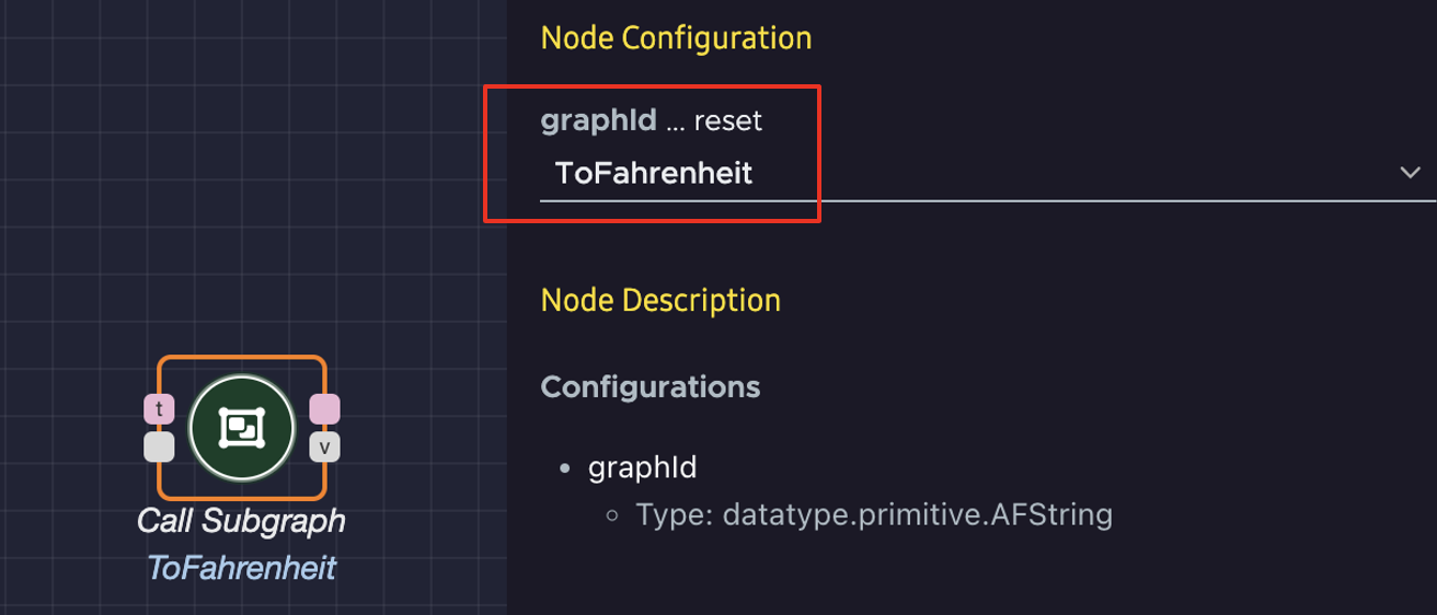 Call Subgraph Configuration Menu With graphId Value of ToFahrenheit