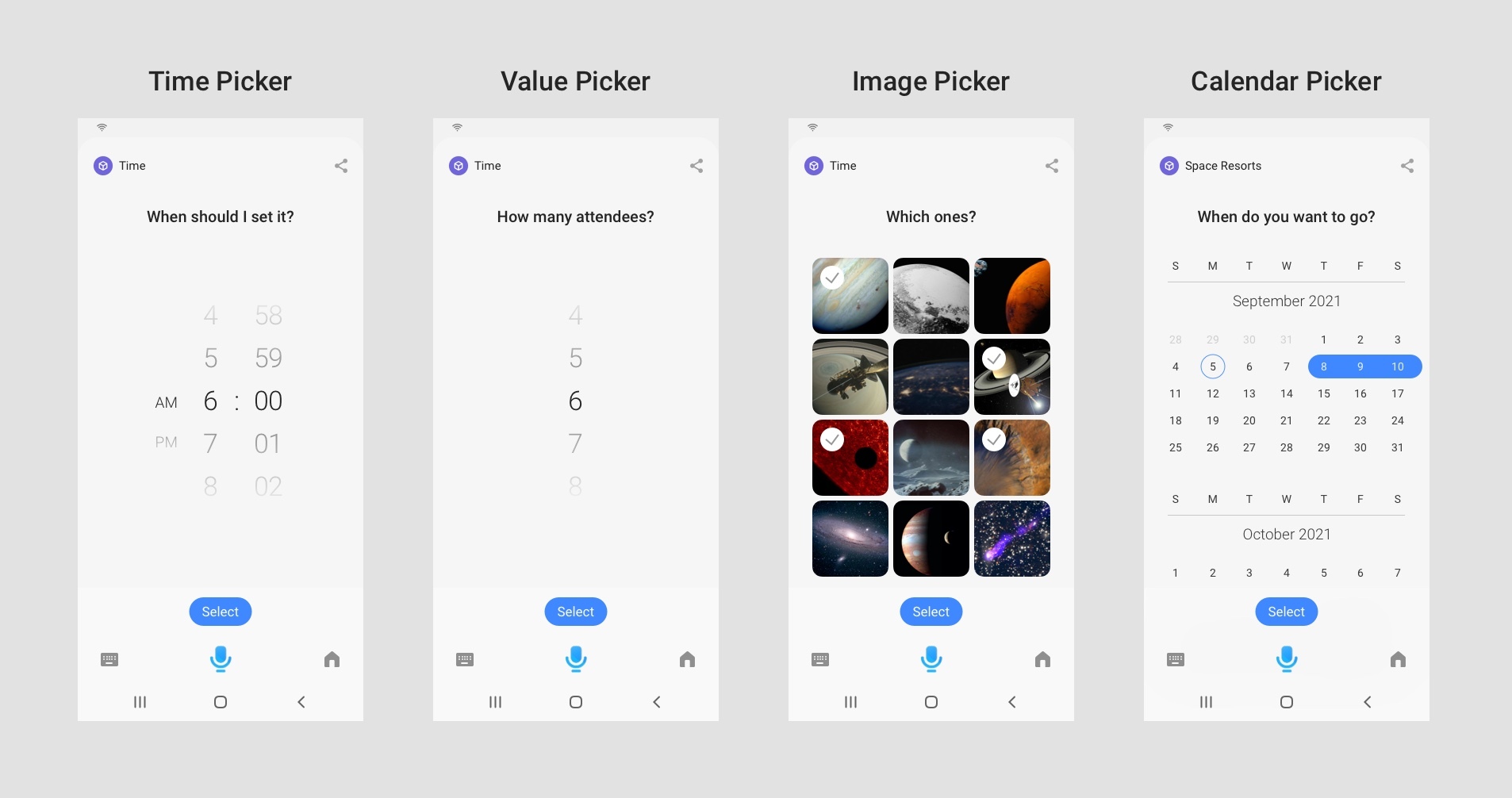 In addition to the date picker component, Bixby has a time picker, a generalized value picker (a scrolling list of values within a set range), an image picker, and a calendar picker that supports selecting ranges of dates.