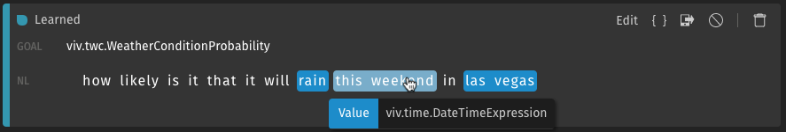 Annotating the datetime value in the utterance "how likely is it that it will rain this weekend in las vegas" as a viv.time.DateTimeExpression