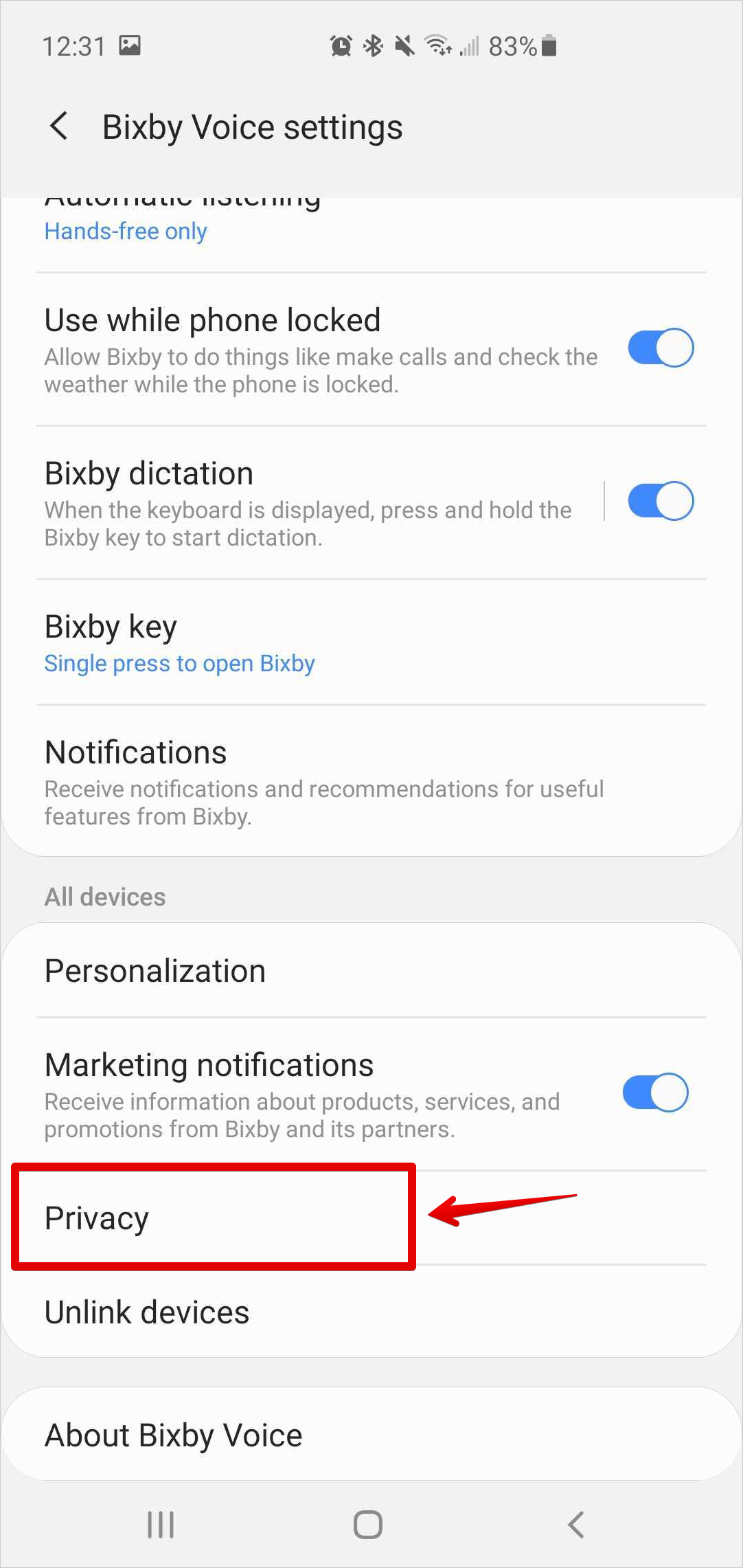 The Privacy option under All devices on the Bixby Voice Settings screen