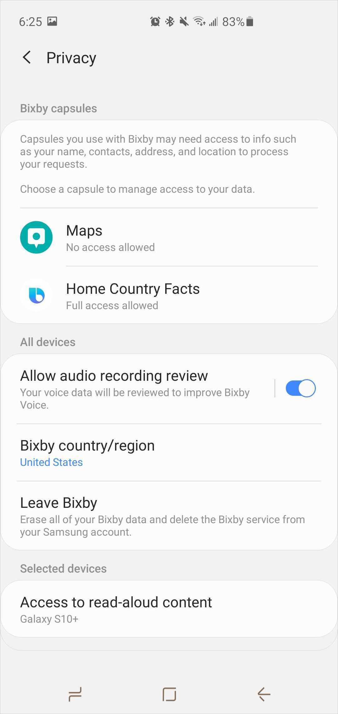 Bixby Voice Settings privacy tab