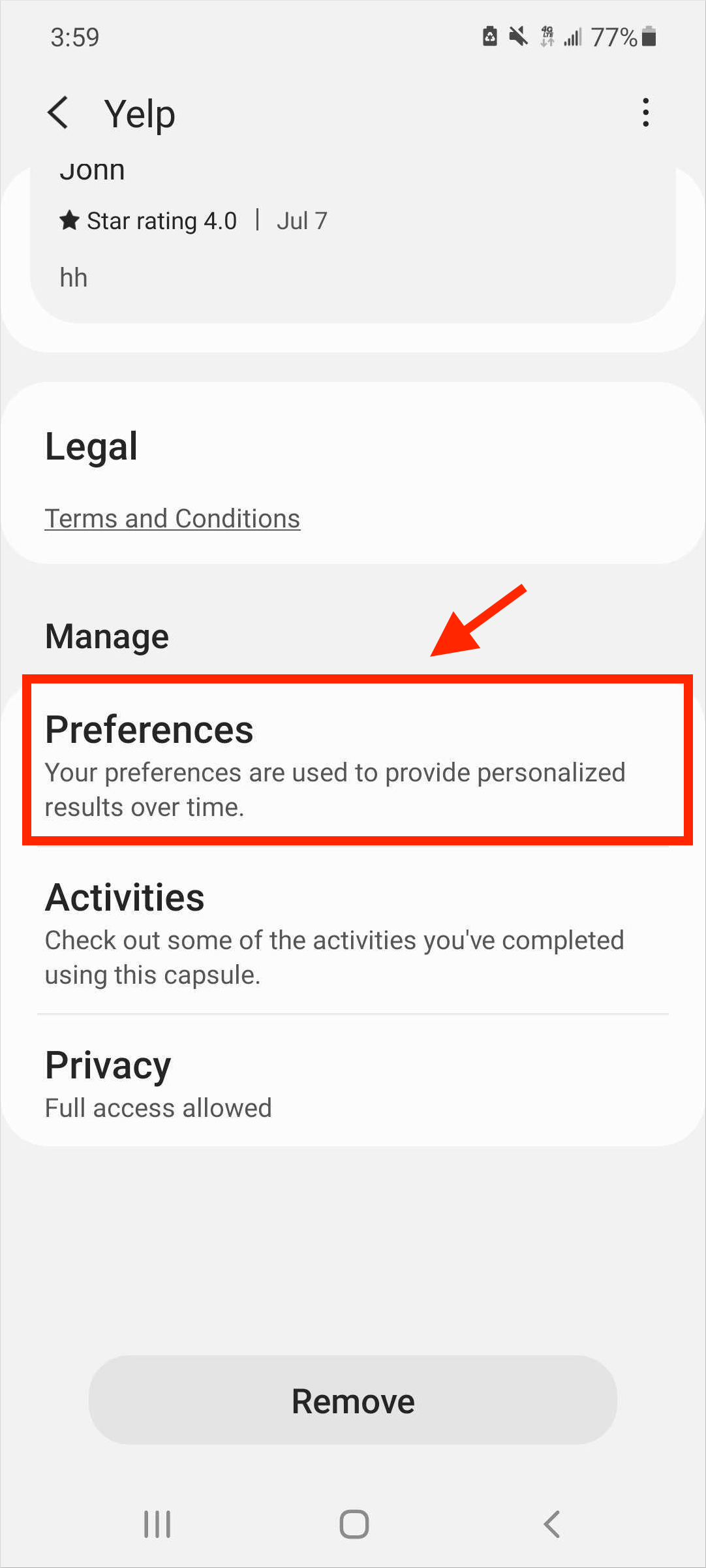 Bixby capsule details page with preference section