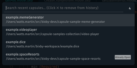 Recent Capsule history viewed with the Command Palette