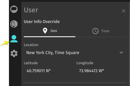 User Info Override section in the User settings tab, with the Geo section selected