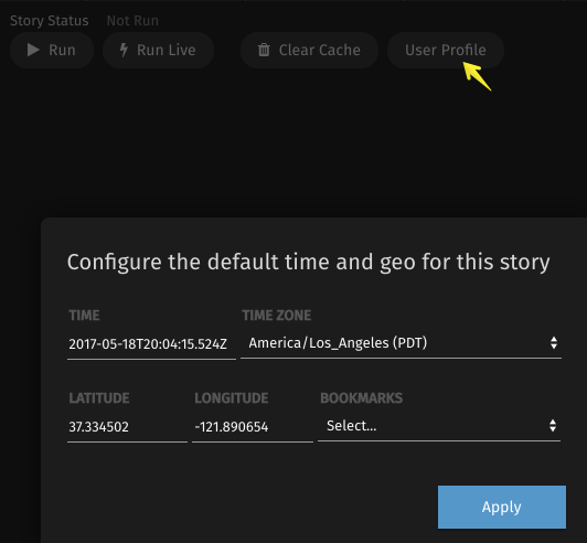 "Configure the default time and geo for this story" pop-up window in the Stories editor