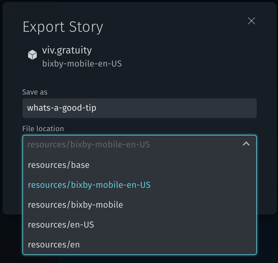Export story with file location options expanded