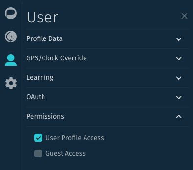 Permissions settings in User Tab, with User Profile Access checked and Guest Access unchecked