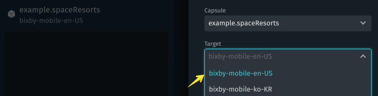 `bixby-mobile` targets listed in the Simulator capsule settings pop-up