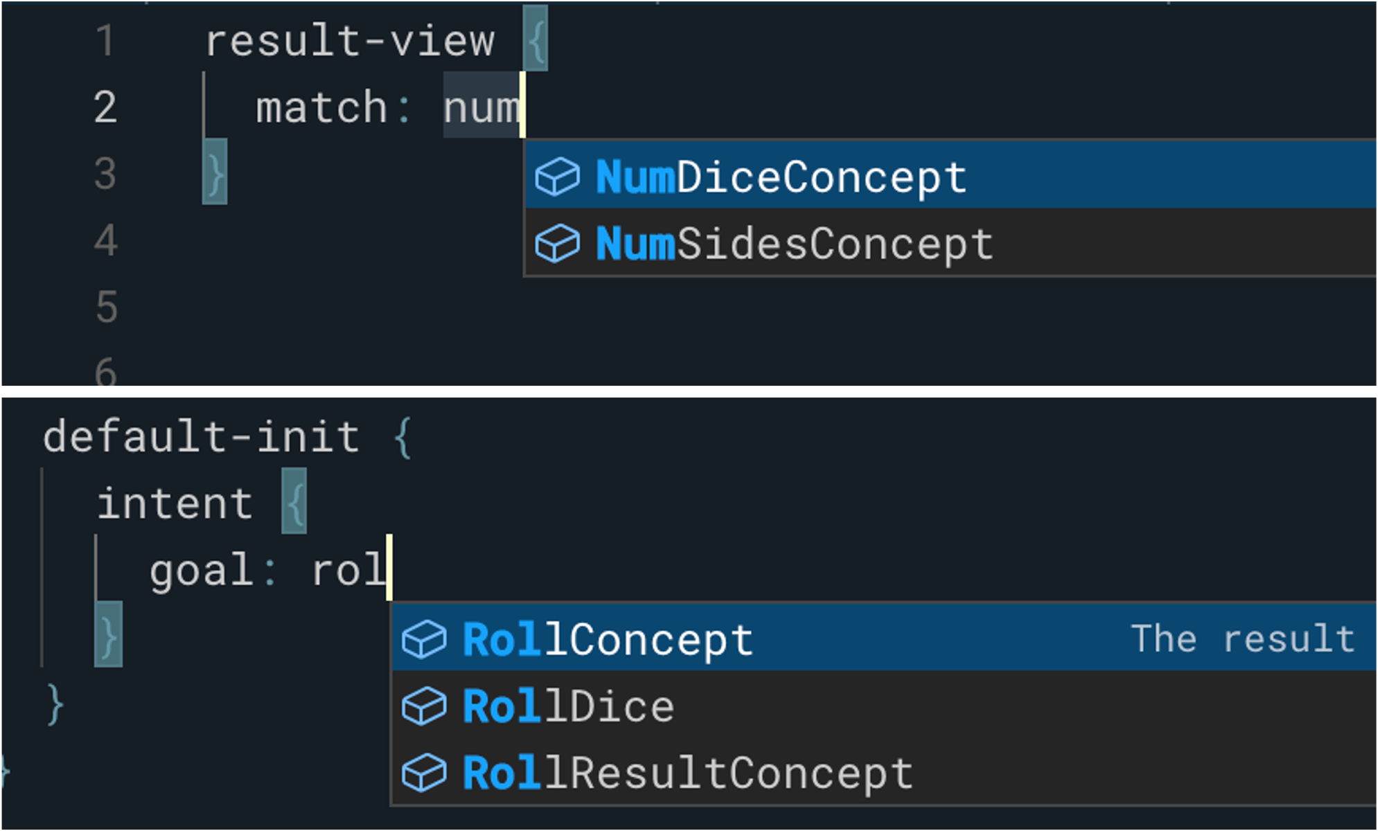 Two examples of autocomplete in the code editor. The top image is giving model name examples in a match key. The bottom image is giving model names in an intent key.