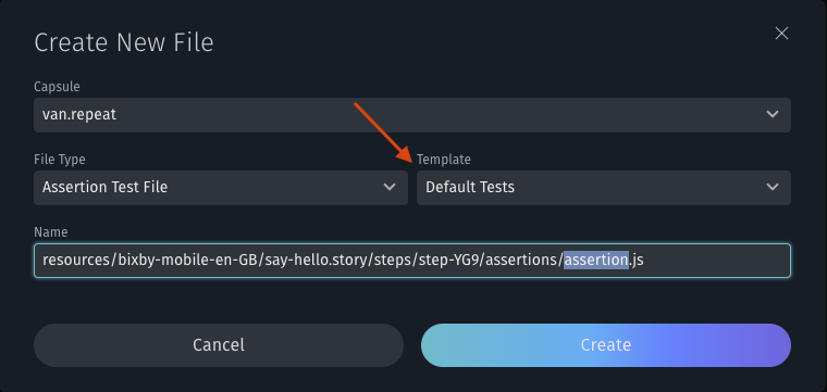 Create New File pop-up with Default Tests assertion template selected