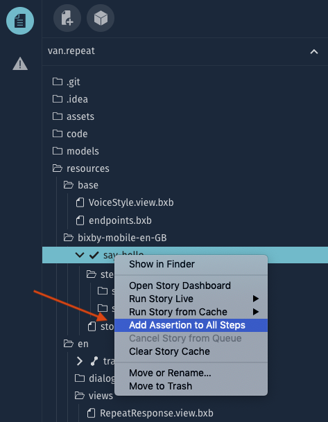 Story context menu with the Add Assertion to All Steps option selected