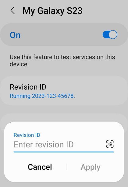 Revision number entry screen on mobile client, with QR Code button