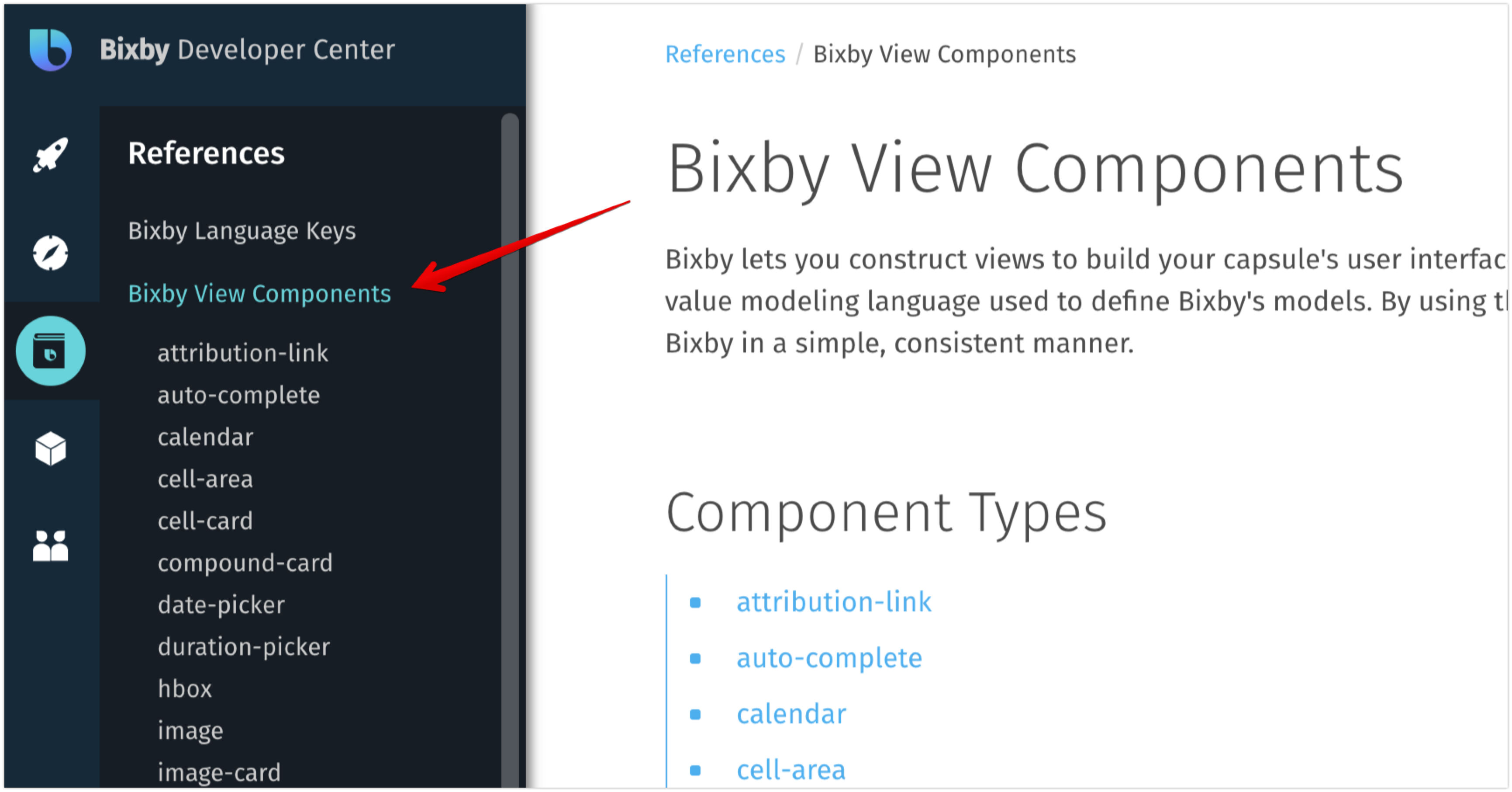 Bixby Views Components Reference page in the Developer Center