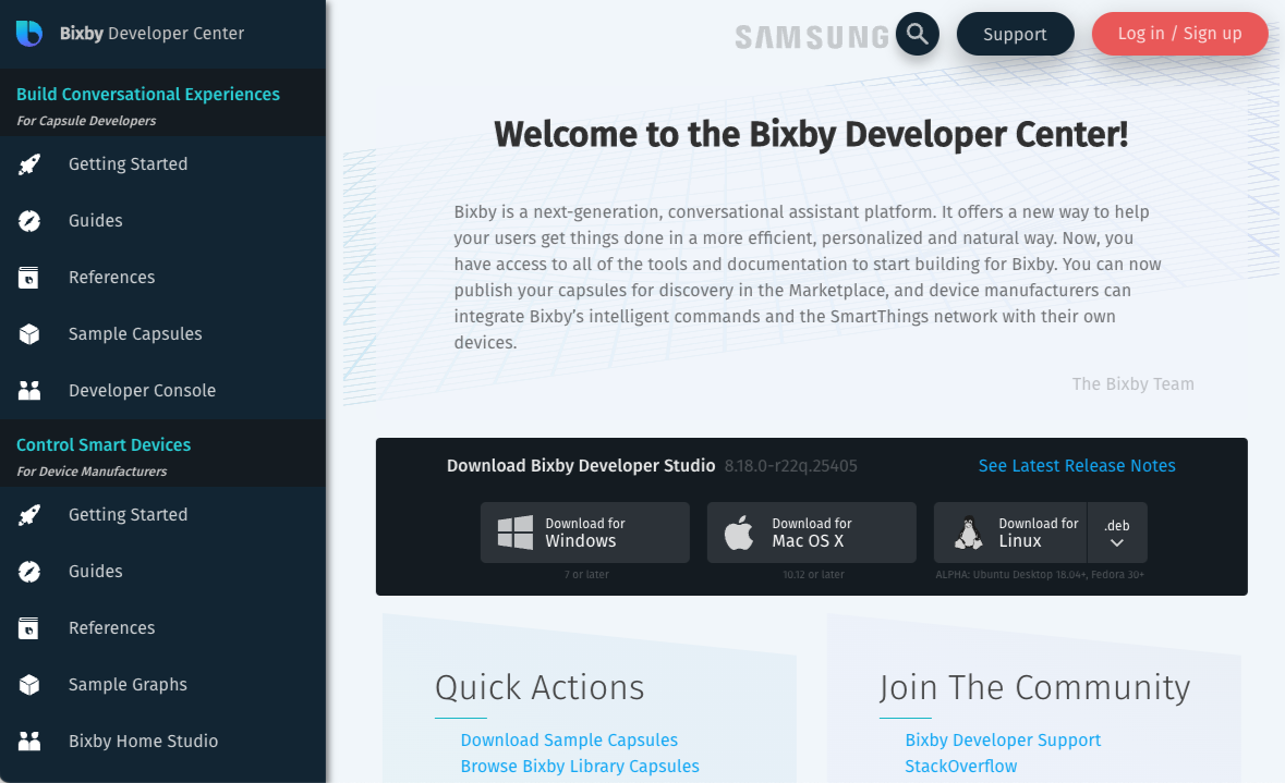 Bixby Developer Center home page
